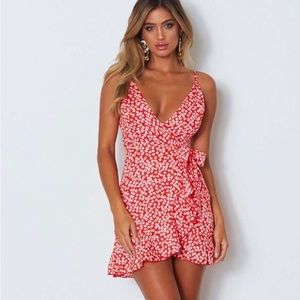 Red floral print wrap dress